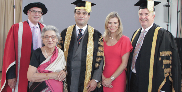  Lord Karan Billimoria at his installation as Chancellor of the University of Birmingham. From left:  Vice Chancellor Professor Sir David Eastwood; Mrs. Yasmin Bilimoria, Lord Karan Billimoria, Lady Bilimoria and Pro-Chancellor Ed Smith CBE.