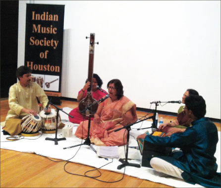 Classical music vocalist Arati Ankalikar (center) was accompanied by Pandit Shantilal Shah on the tabla, Varsha Halbe on the tanpura, Aparna Shah on vocals and Milind Kulkarni on the harmonium. In the second half, Sruti Sample was the accompanist on the tanpura.