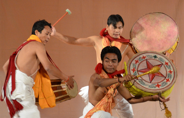 Left: Manipuri dancers presented a lively exhibition of Dhol Dholak Cholam using a variety of percussion instruments native to India.