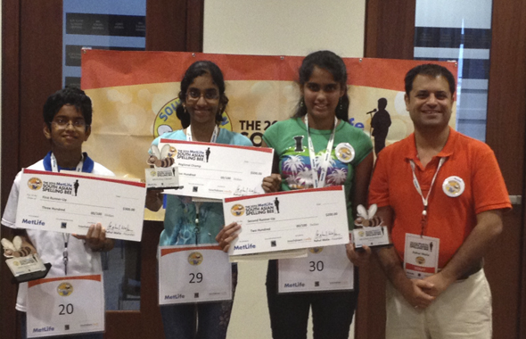 From left: First Runner Up Shourav Dasari of Pearland, TX alongside Regional Champ Shobha Dasari of Pearland, TX; Second Runner Up Himanvi Kopuri of Denver, CO with Rahul Walia, Founder of the South Asian Spelling Bee.