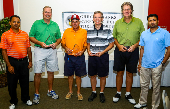 First place Winning Team with presidents. From left: GHRCF President Zulfikar Maknojia, (team players are Mike Thompson, Dan Purivan, Timothy Oettmeier, Jim Thompson), and GHRA President Rahim Maknojia.