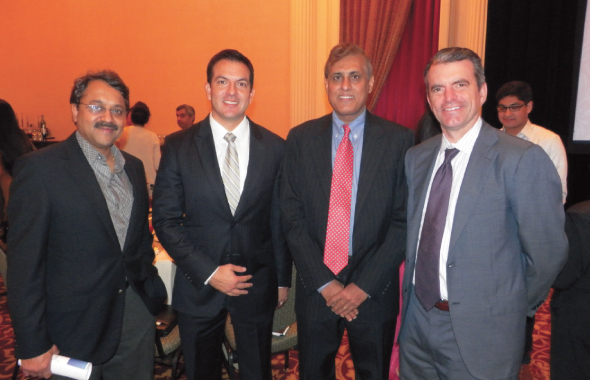 At the Indian Doctors Association Holiday Networking luncheon last Saturday, November 16, from left, Dr. Uttam Tripathy, IDA President with financial advisors from the event sponsor Morgan Stanley: VP Diego Patino, Gary Iyer Financial Advisor and Jeffery Thomas, Sr. VP.         Photos: Jawahar Malhotra