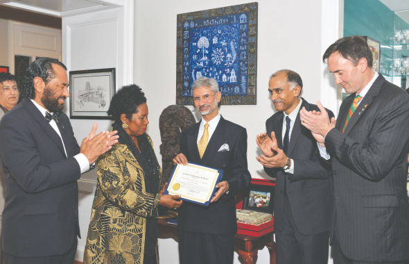From left: Rep. Al Green (D-TX 9th District), Rep. Sheila Jackson Lee (D-TX 18th District), Ambassador Dr. S. Jaishankar, Consul General P. Harish  and Rep. Pete Olson (R-TX 22nd District) after dinner at the Harish residence on February 1.