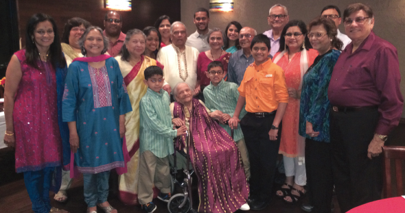 The Merchant-Vir-Kapadia-Coleman clans got together at Bhojan restaurant on Sunday, May 26, 2014 to celebrate the 100th birthday of their matriarch, Vimala Merchant and serenade her with fond remembrances and an acrobatic dance by the youngest of her great grandchildren Kabir and Rana.
