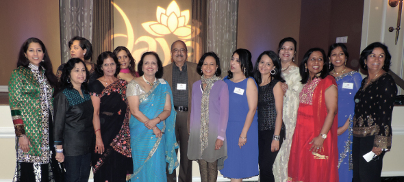 Daya board, staff members and volunteers gathered for a group photo with Gala chairs Annu Naik-Rao and Charu Verma. Dance instructor Anjali Thakkar (far right) led gala enthusiasts, such as advisory board member Sheela Rao (far left)