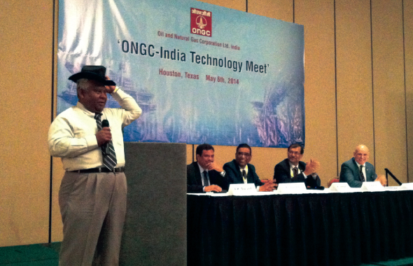 Arun Karle of Askara International welcomed guests to the ONGC-Indian Technology Meet with a display of a variety of headgear, including the 10-gallon Texas hat, a Gandhi topi and an oilfield helmet.