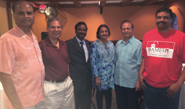 Ramesh Cherivirala, who is seeking his first elected post by running for the Fort Bend ISD Trustee Position 1, with supporters at the meeting he held on Saturday, April 27 at Udipi Café in Sugar Land,. From left, Naren Patel, Sugar Land Councilman Harish Jajoo, Cherivirala, Dinesh Shah and a supporter and volunteer