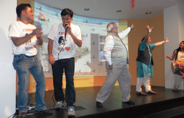 Modi’s victory in India was celebrated with a program that had patriotic songs and an impromptu dance by Masterji Trivedi