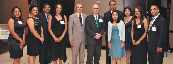 The Ovarcome Board with chief guests (from left) Chief Events Officer Bhavana Bajaj; Gala Committee Member Joya Shukla; Advisory Board Member Dr. Anirban Maitra; Gala Committee Member Karen Francis; Keynote Speaker MDA President Dr. Ronald DePinho; Special Guest St. Luke’s Sugar Land CEO Robert Heifner; Advisory Board Member Dr. Anil Sood; Ovarcome Board Vice President Dr. Priya Bhosale; Secretary and Chief Medical Counsel Dr. Alpa Nick; Founder & President Runsi Sen and Chief Financial Officer, Supryo Sen.   Photo: Rguetta Photography  