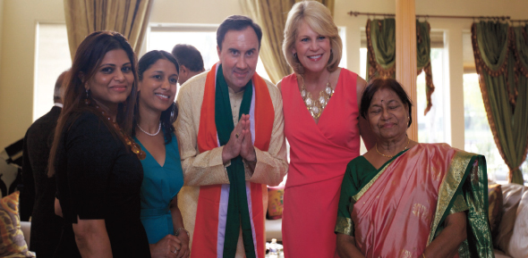 Congressman Pete Olson came to the private fundraiser in the evening in a sherwani, and a scarf with the Indian flag tricolors.