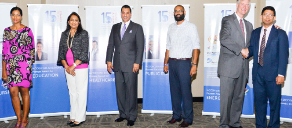 From Left: IACCGH Award Winners of 2014, Pallavi Dinesh, Sonal Bhuchar, Dr. Devinder Bhatia,  Judge R.K. Sandill, Gerry Morton, VP of Carrizo Oil & Gas Inc., Jayanta Sinha, President G.A.I.L Global USA