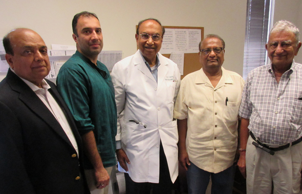 At the IDC, from left Club 24 and Spring Branch Rotary’s Ashok Garg; Dr. Raghu Athre, the Indian Doctors Association Presidnet; Dr. K. T. Shah, the Clinic Director; K.C. Mehta, the IDC Secretary and Treasurer and Dr. Satish Jhingran, a Director of the clinic.