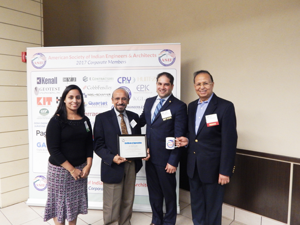 From left: The current Program Committee Chair, Board of Director, and an engineer with CP&Y, Archana Sharma, Mahesh Wadhwa, Architect and Owner of Wadhwa Associates and ASIE Life Member, Hon. Himesh Gandhi, the City of Sugar Land Councilman at Large, and also the attorney and shareholder of RMWBH law firm receiving a certificate of Appreciation, in presence of current ASIE President Dinesh Shah, President of BDC and Shah Companies.