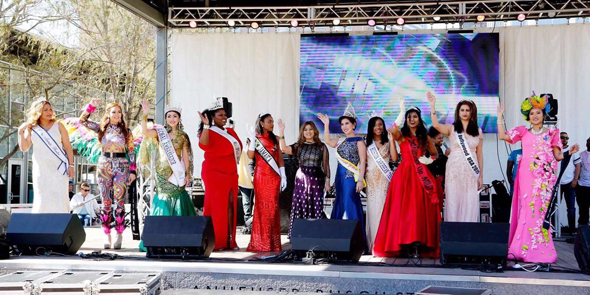 The beauty queens onstage with Sangeeta Dua (center) at the festival.