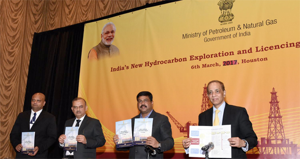 Indian officials join CERAWeek executive to launch the new HELP (Hydrocarbon Exploration & Licensing Policy) round. Holding up the HELP brochures are Anupam Ray, Counsul General of India in Houston (left), Atanu Chakraborty, Director General of Hydrocarbons; Dharmendra Pradhan, Minister of Petroleum & Natural Gas; and Atul Arya, Sr. Vice President, IHS. Photo: Bijay Dixit