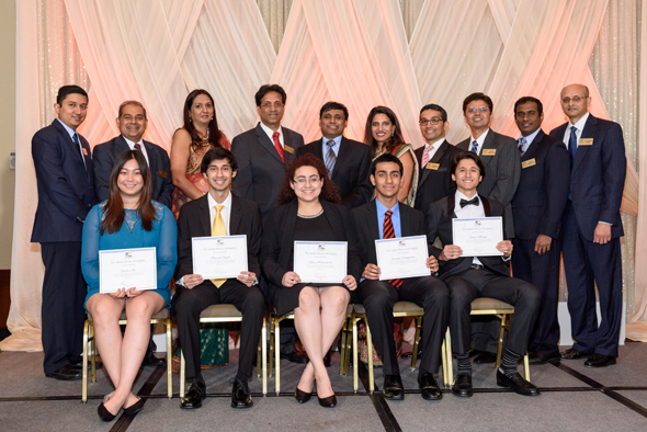 The five recipients of the 2017 IDA scholarships (front) pose with the sponsoring IDA physicians. The scholarships were based on academic achievement, extra-curricular activities and need. Photos: Bijay Dixit