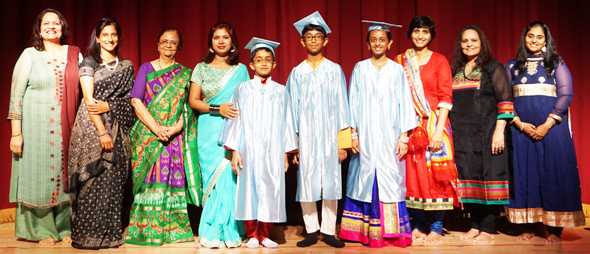 D.A.V. Montessori School’s first batch of 5th grade students (center) with teachers and Chief Guest Roopal Shah (red outfit). 