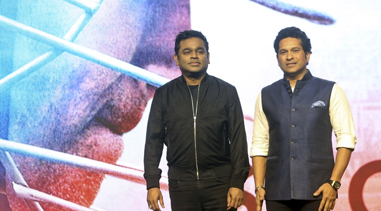 Indian cricket legend Sachin Tendulkar, right, poses with music composer A.R. Rahman during the song launch of his biographical film ' Sachin: A Billion Dreams'  in Mumbai, India, Tuesday, May 9, 2017. (AP Photo/Rajanish Kakade)