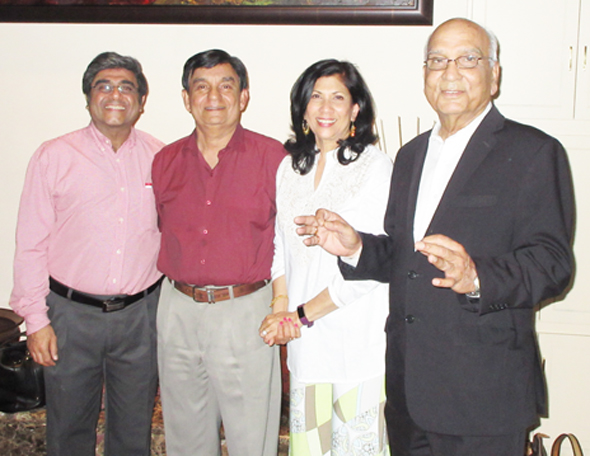Rao and his wife Sheila hosted the CC quarterly meeting at their house. A CC founder, Atul Vir (left) stood by as Surinder Talwar (right) regaled the couple with two lines of a popular Hindi song.