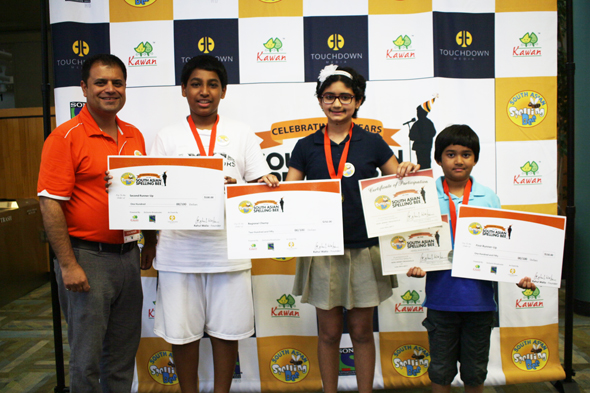From left: Rahul Walia Founder of South Asian Spelling Bee; Agranya Ketha (second runner up), Sujata Choudhury (regional champion) and Abhilash Patel (first runner up).