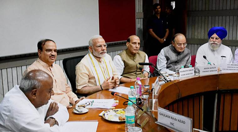 New Delhi: Prime Minister Narendra Modi, Home Minister Rajnath Singh,Finance Minister Arun Jaitley, Parliamentary Affairs Ministers Ananth Kumar and SS Ahluwalia with Former Prime Minister and JD(S) President H. D. Deve Gowda during an all-party meeting ahead of monsoon session of Parliament,  in New Delhi on Sunday. PTI Photo by Subhav Shukla(PTI7_16_2017_000023B)