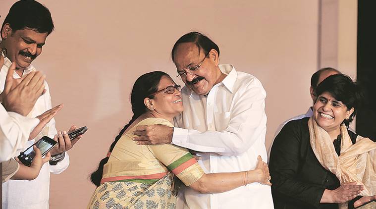 Venkaiah Naidu with his wife Usha and daughter Deepa Venkat after he was declared elected on Saturday evening. (Source: Express Photo/Renuka Puri)
