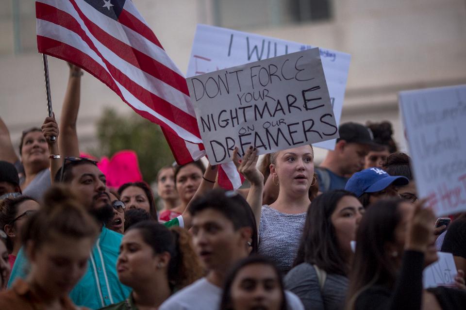 LOS ANGELES, CA - SEPTEMBER 05: Immigrants and supporters rally and march in opposition to the President Trump order to end DACA, on September 5, 2017 in Los Angeles, United States. (Photo by David McNew/Getty Images)