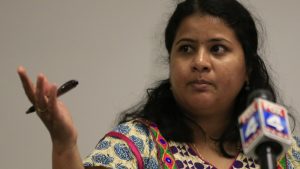 Sunayana Dumala talks about her late husband, Srinivas Kuchibhotla, during a news conference at Garmin Headquarters in Olathe, Kan., Friday, Feb. 24, 2017. Witnesses say a man accused of opening fire in a crowded bar yelled at two Indian men to “get out of my country” before pulling the trigger. The attack killed one of the men and wounded the other, as well as a third man who tried to help. (AP Photo/Orlin Wagner)