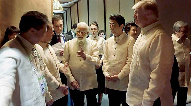 Prime Minister Narendra Modi with US President Donald Trump, Japanese Prime Shinzo Abe and other world leaders at an ASEAN Summit dinner in Manila on Sunday. (PTI Photo)
