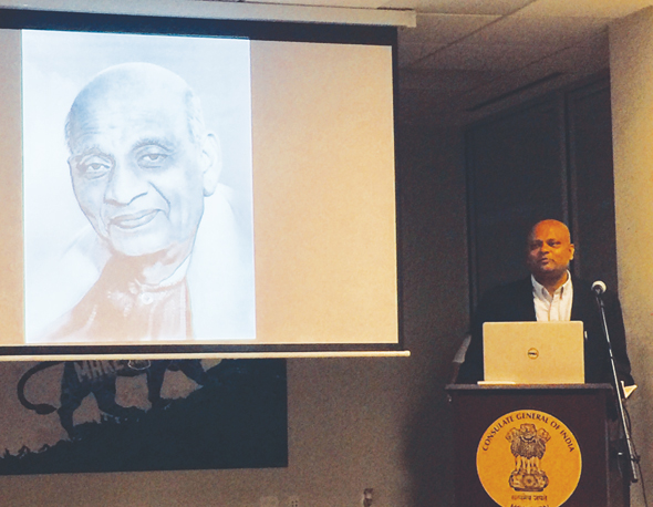 Speaking in front of Sardar Vallabhbhai Patel’s screen image was CG Dr. Anupam Ray. Dr. Ray praised Sardar Patel for creating a united India and for his role in establishing the Indian Civil Servce.