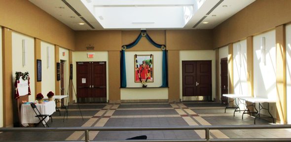 The first floor lobby opens up to a large second floor hall that accesses the auditorium and dining hall