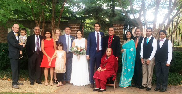 The Malhotra family and relatives with the bride and groom, from left: from the Chicago area: Daniel Murphy (holding son Shiva); Dr. Jayant Malhotra, the groom’s uncle, his daughter Meena Murphy and daughter Shashi Nila; from Houston: Alexandra Shepherd and fiancé of Stefan Malhotra, the groom’s older brother; the bride and groom; the groom’s father Jawahar Malhotra and grandmother Shakuntla Malhotra, seated; and from Frederick, Maryland, the groom’s cousins Pam Jaggi, husband Rajiv Jaggi and sons Tanay and Rohan 