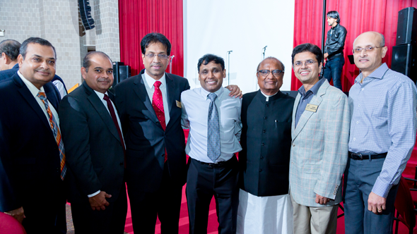 After the show ended, from left, Dr. Manish Gandhi, Dr. Subodh Chauhan, Dr. Ravi Chandru, Dr. Prasun Jalal, K.C. Mehta with other members of the Indian Doctors Association. Photos: Roy Photography