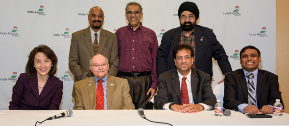 Panelists with Organizers. Seated, from left: Dr. Sheila Heinle, Dr. Virendra Mathur, Dr. Atasu Nayak, Dr. Prasun Jalal. Standing, from left: Col. Vipin Kumar, Swapan Dhairyawan, Jagdip Ahluwalia at the Heart Health Symposium event at India House on Sunday, December 3.