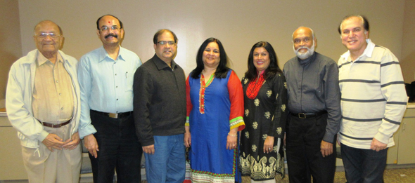 After the election held on Sunday, January 7 at India House with Election Committee Commissioners Jawahar Malhotra (right) and Girish Pandya (left) are the 2018 ICC Executive Committee from left, Hemant Patel, Treasurer; Pramod Bengani, Vice-President; Nisha Mirani, President; outgoing President Falguni Gandhi and Ajit Patel, Secretary.