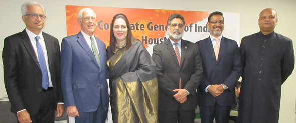 Consul General Anupam Ray and his wife Amit with the speakers featured in the evening reception, from left, Ashok Belani, Executive VP, Schlumberger; Dr. John Mendelsohn, former President of MD Anderson Cancer Center; Dr. Vistasp Karbhari, President, University of Texas at Arlington and Abidali Neemuchwala, CEO, Wipro.