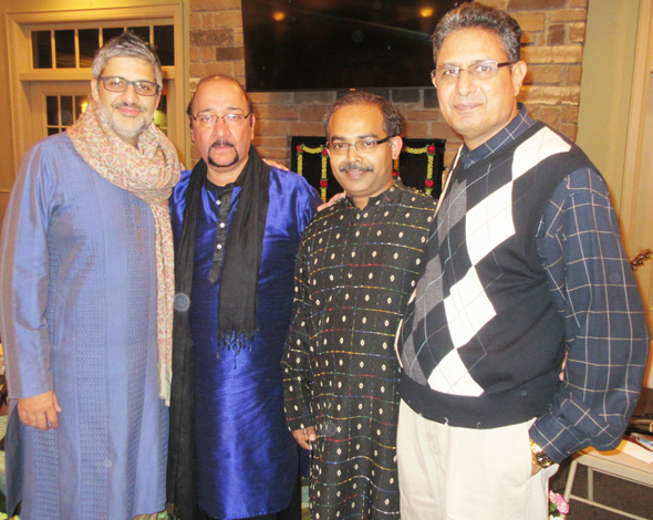 The performers for the ghazal concert, from left, Bobby Jutley on the tabla, singer Jaswinder Singh “Bunty”, Rennison Macwan on the keyboards and guitar and Azim Khan on the 5-string electric violin.