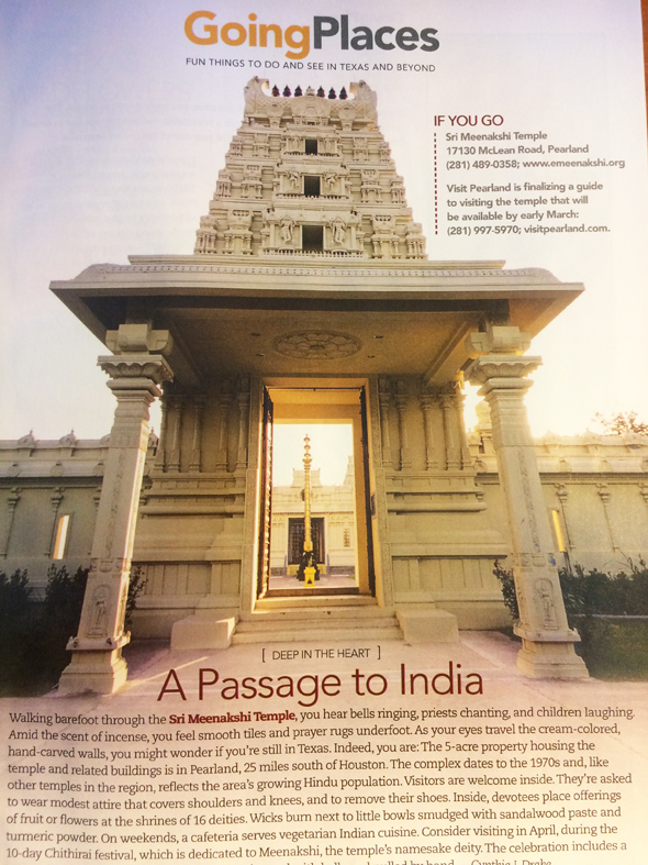 The latest edition of AAA’s Texas Journey magazine features a short travel feature on the Meenakshi Temple in Pearland.