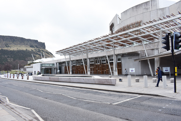 The stylishly modern 5 year-old Scottish Parliament building is situated across the street from the Holyroodhouse Palace.