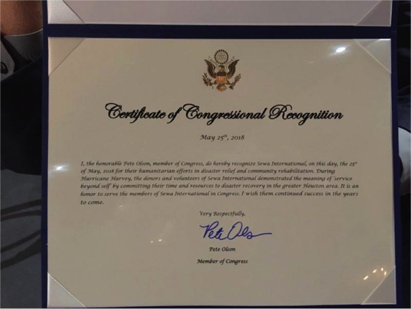 Another certificate received by Sewa International was the Certificate of Congressional Recognition signed by Pete Olson, Representing the 22nd District of Texas