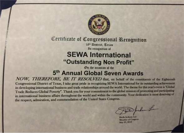 Congresswoman Sheila Jackson Lee, Representing the 18th District of Texas, also recognized Sewa International with a Certificate of Congressional Recognition for its good work