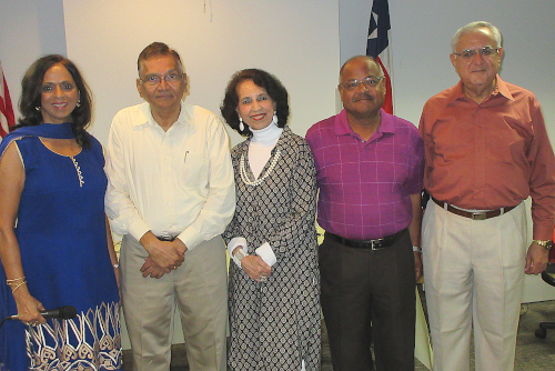 At the August meeting of Club 65, Vijay Shah (second from left) shared his secrets for a comfortable retirement. He posed with Club 65’s executive Committee, (from left) Rahat Kale, Paru McGuire, President; Latafath Hussain and Fateh Ali Chatur.