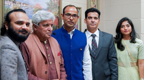From left: Parthiv Gohil, Javed Akhtar, Deputy Consul Surendra Adhana, Rajender Singh, and Jahnvi Shrimankar.